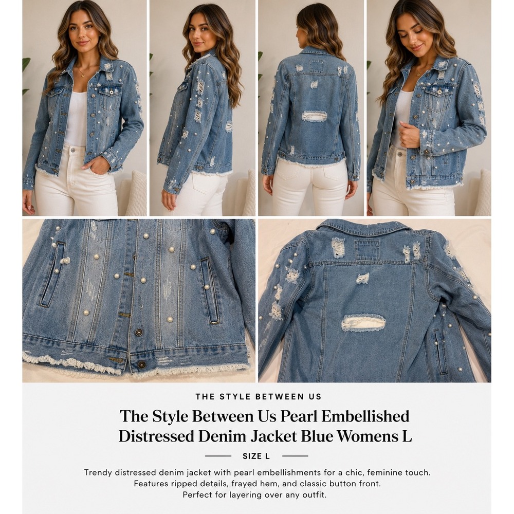The Style Between Us Pearl Embellished Distressed Denim Jacket Blue Womens L
